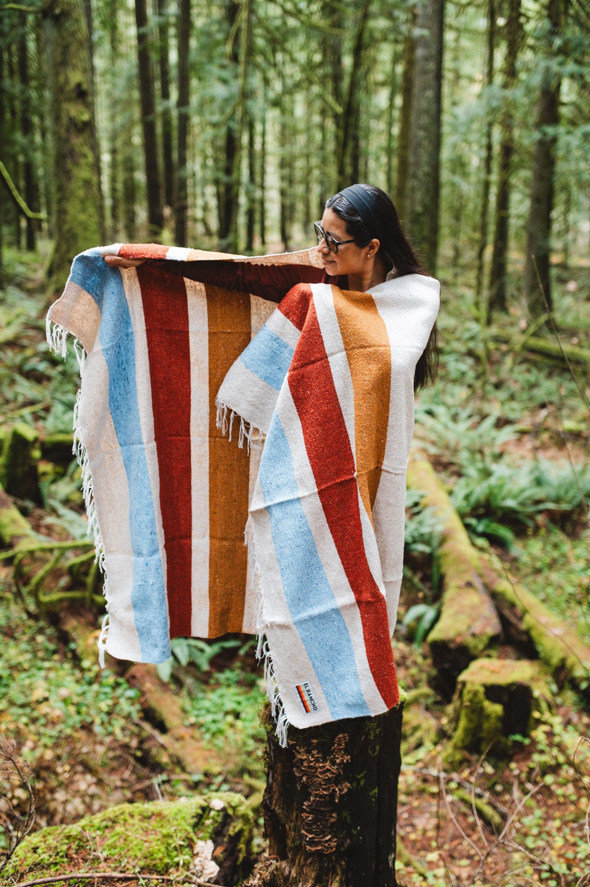 Rust gold blue striped blanket