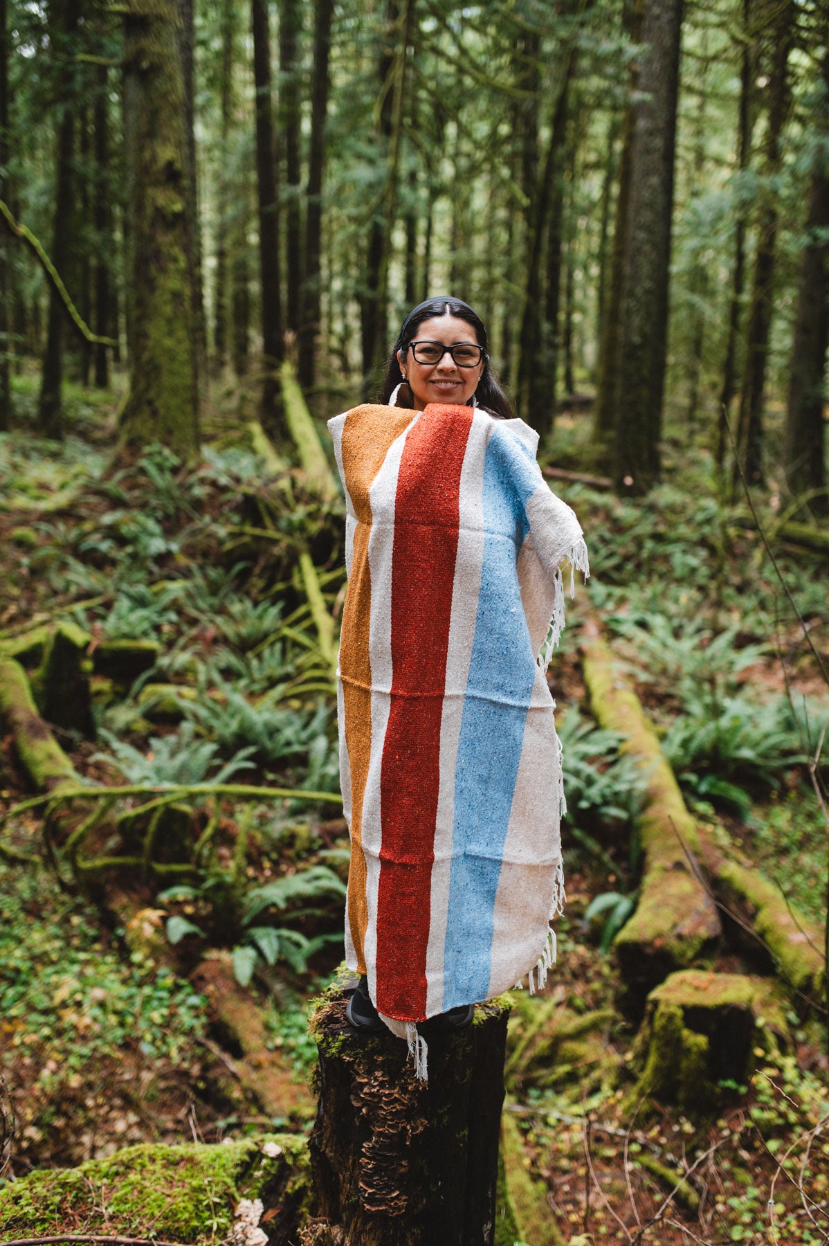 Rust gold blue striped blanket