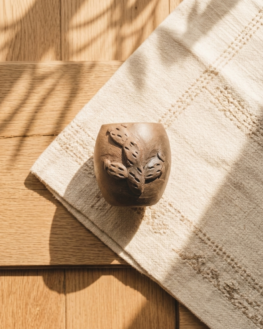 Brown ceramic object on a textured beige surface with wooden floor background