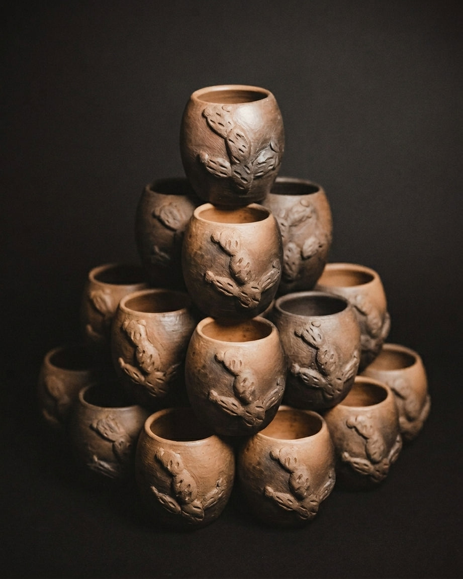 Stack of terracotta pots with embossed designs on a dark background