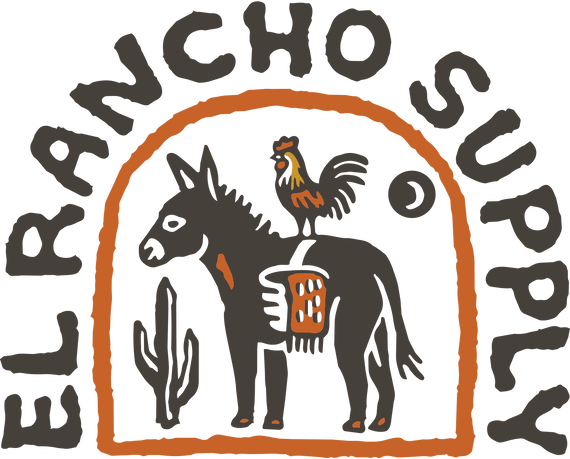 Logo of El Rancho Supply with a donkey, rooster, and cactus illustration.