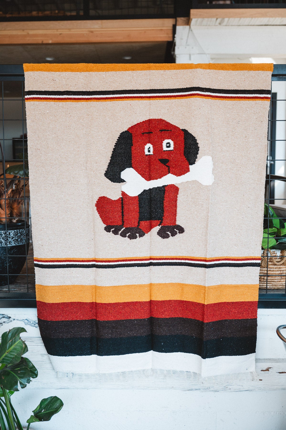 Handwoven Mexican Dog blanket in modern industrial setting