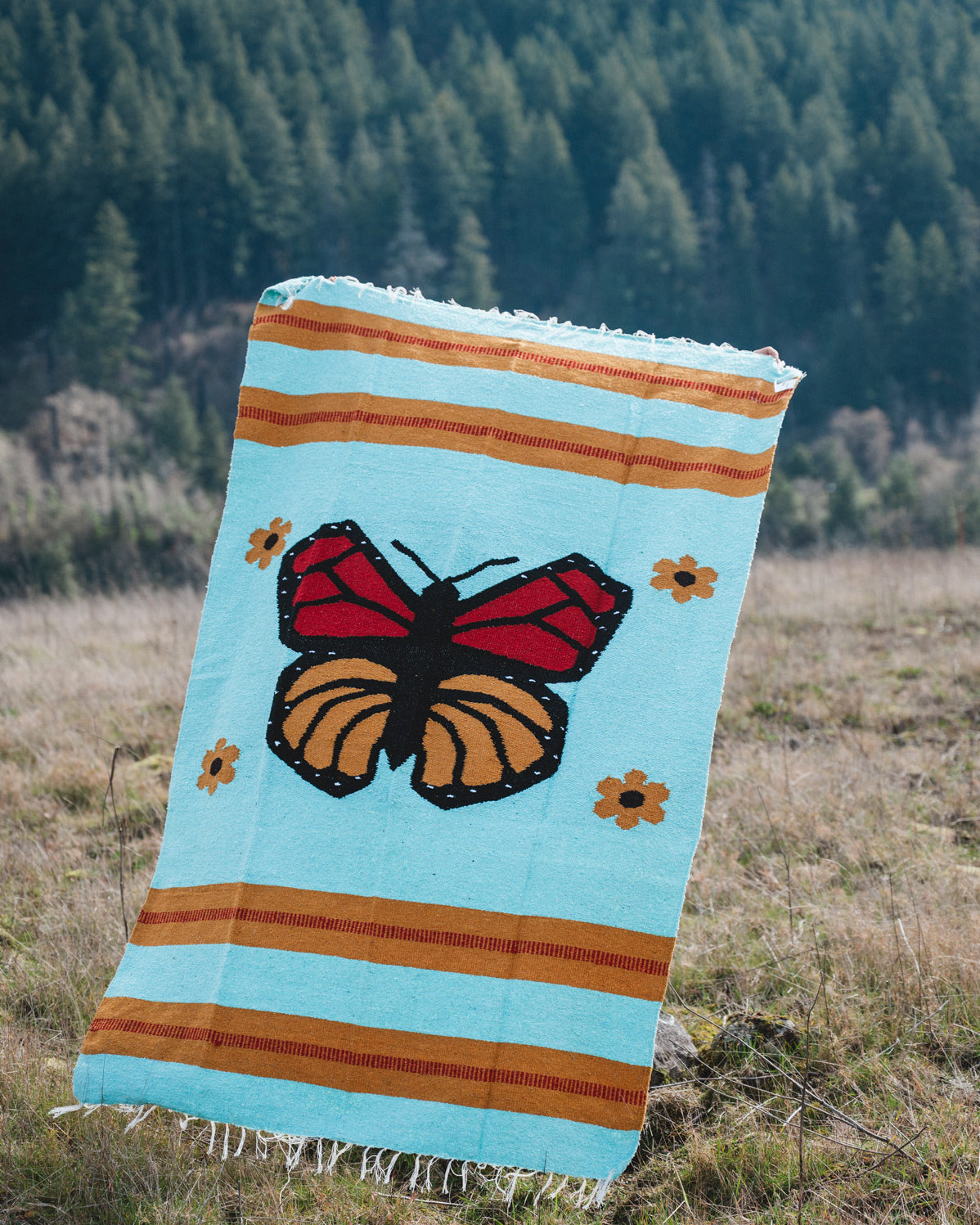 Woman holding monarch butterfly blanket in a field