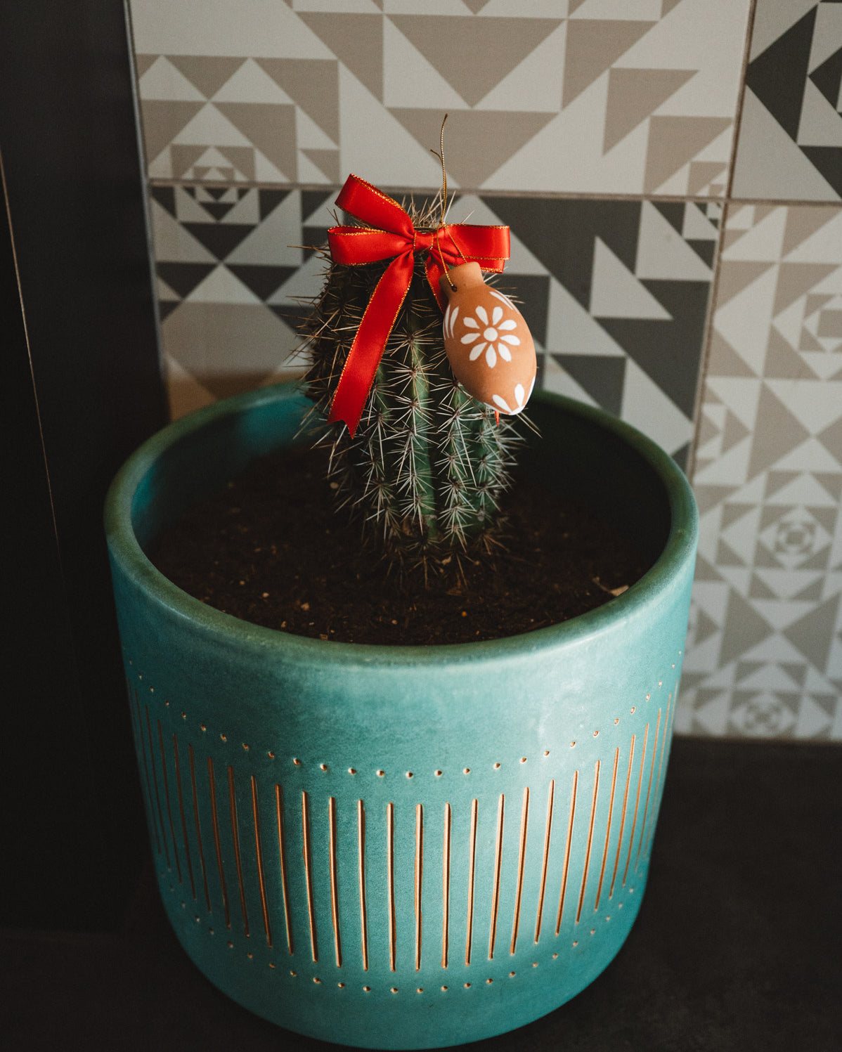 Decorative oval christmas decoration with floral pattern and red ribbon hanging on a cactus plant.