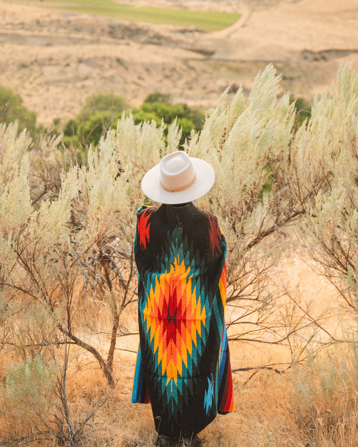 A person viewed from behind wearing a long, vibrant Southwestern-style woven poncho with a red, orange, yellow, and blue geometric diamond pattern, standing in a dry grassy field with shrubs and hills in the background.