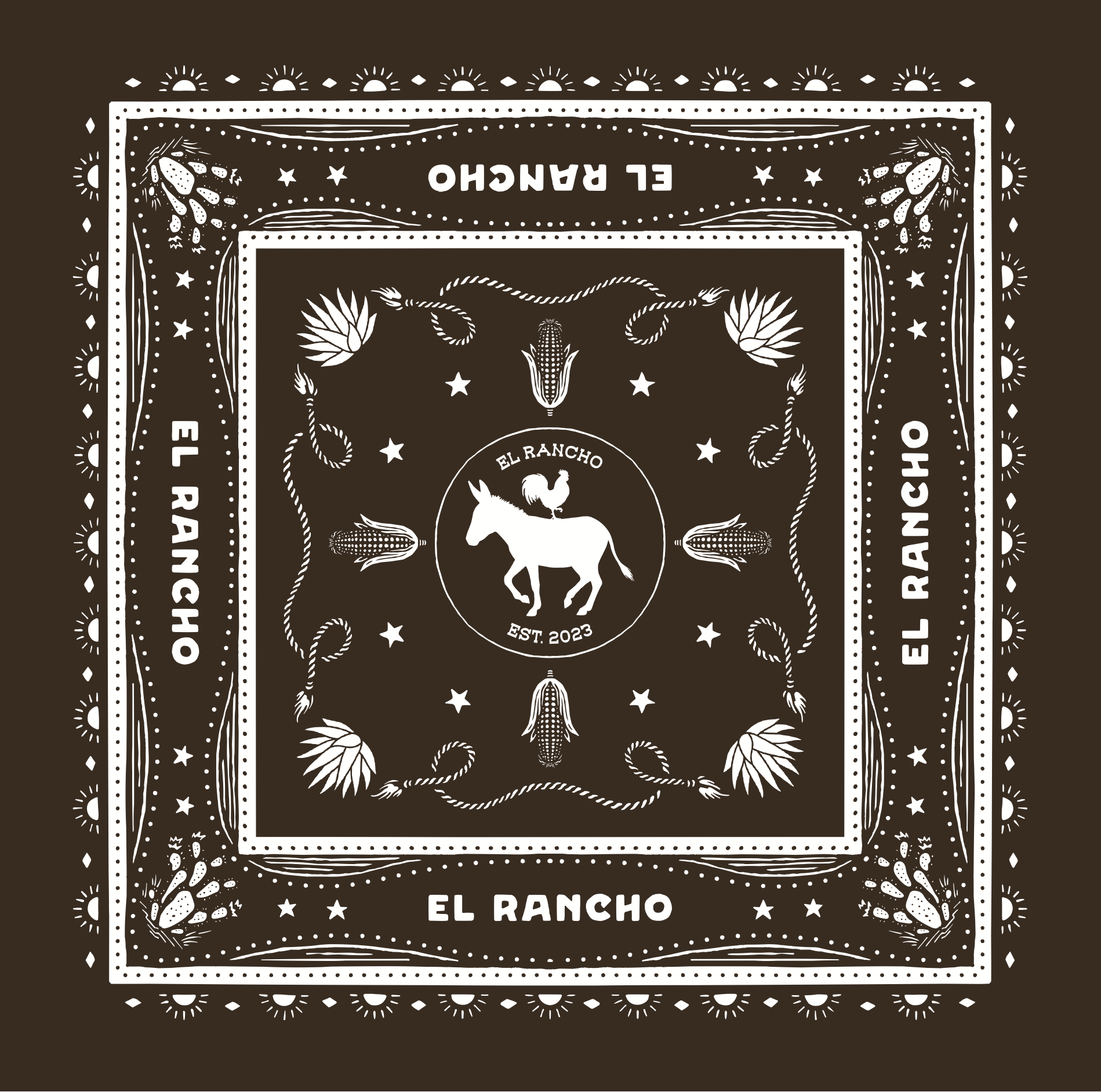 Decorative bandana with 'El Rancho' branding and design elements on a black background