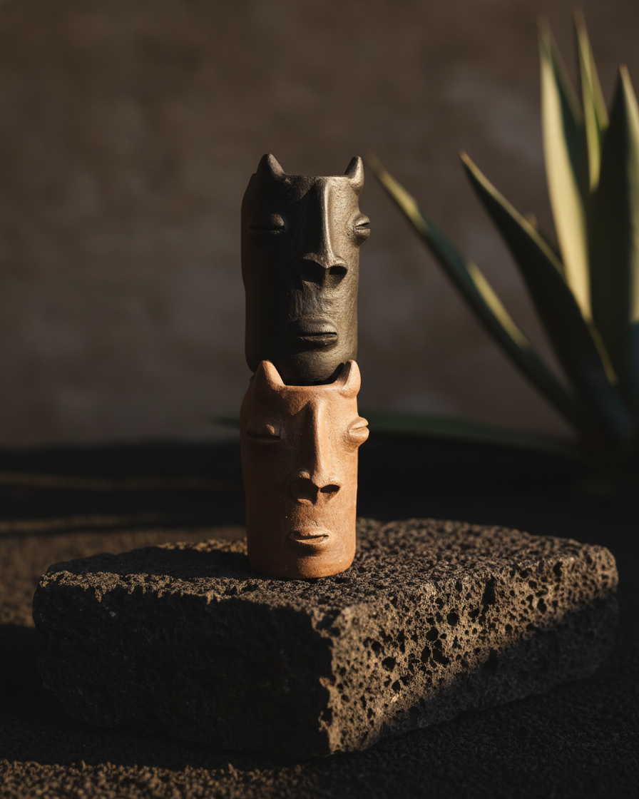 Tribal-style ceramic sculpture on a textured surface with a plant in the background