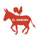 Red silhouette of a donkey with a rooster on its back and 'EL RANCHO' text on a white background