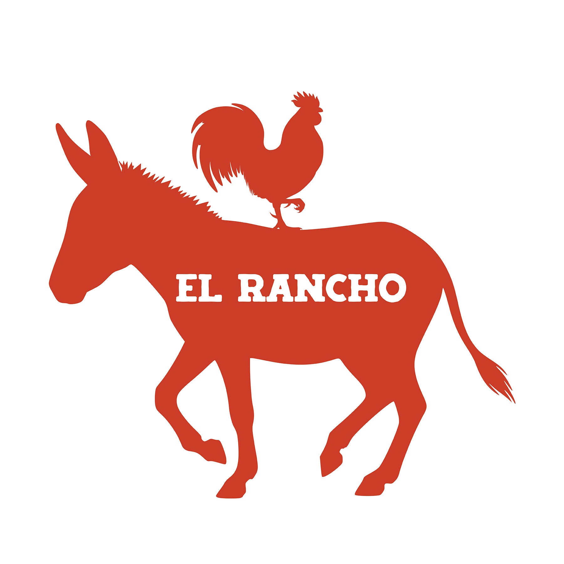 Red silhouette of a donkey with a rooster on its back and 'EL RANCHO' text on a white background