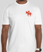 Person wearing a white t-shirt with a red logo on a gray background