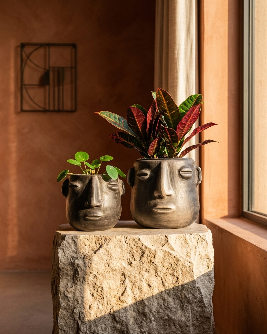Two face-shaped planters with plants on a stone surface in a warm-toned room.