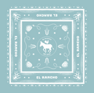 Decorative bandana with 'El Rancho' branding and a central donkey illustration on a light blue background.