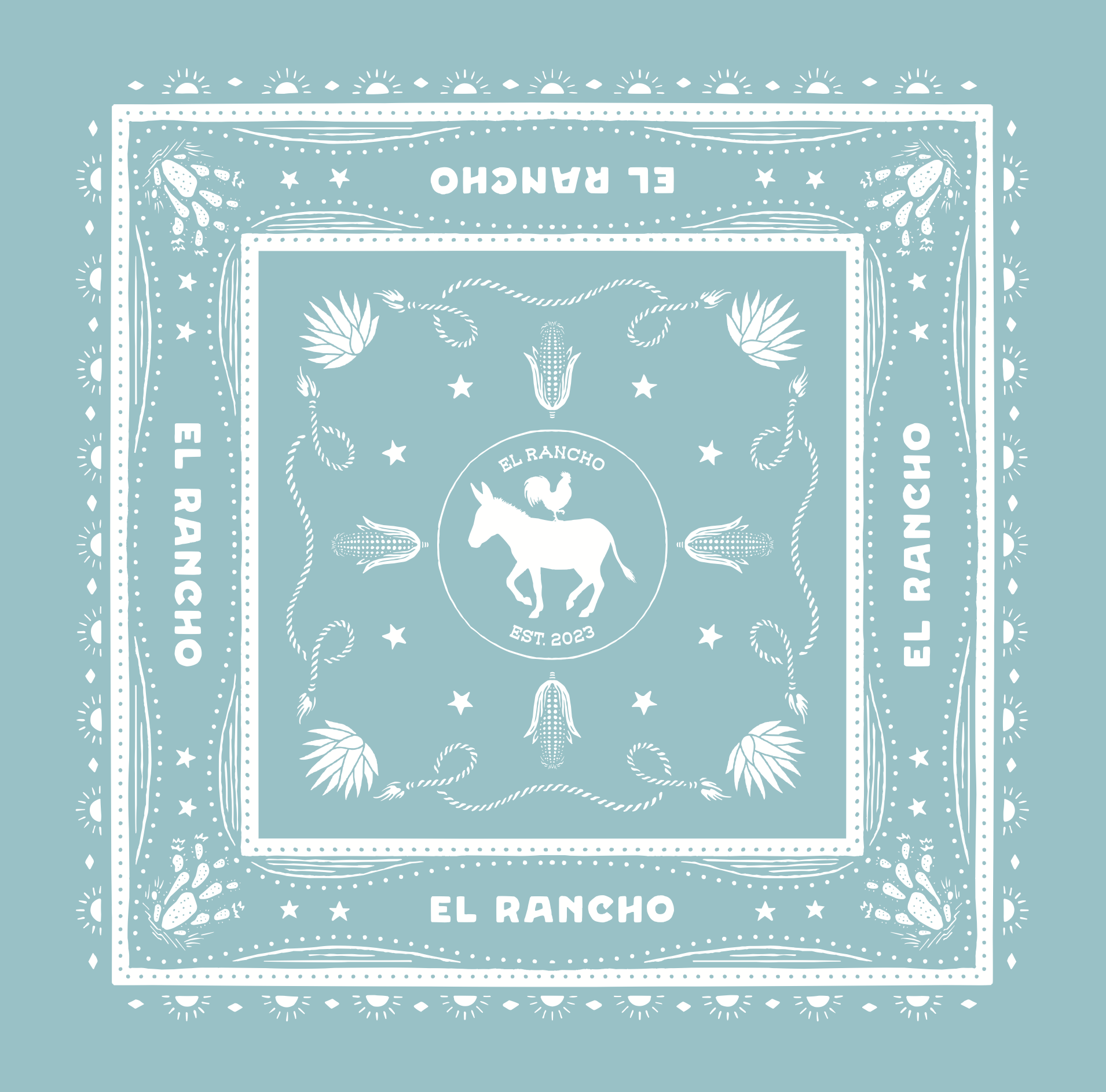 Decorative bandana with 'El Rancho' branding and a central donkey illustration on a light blue background.