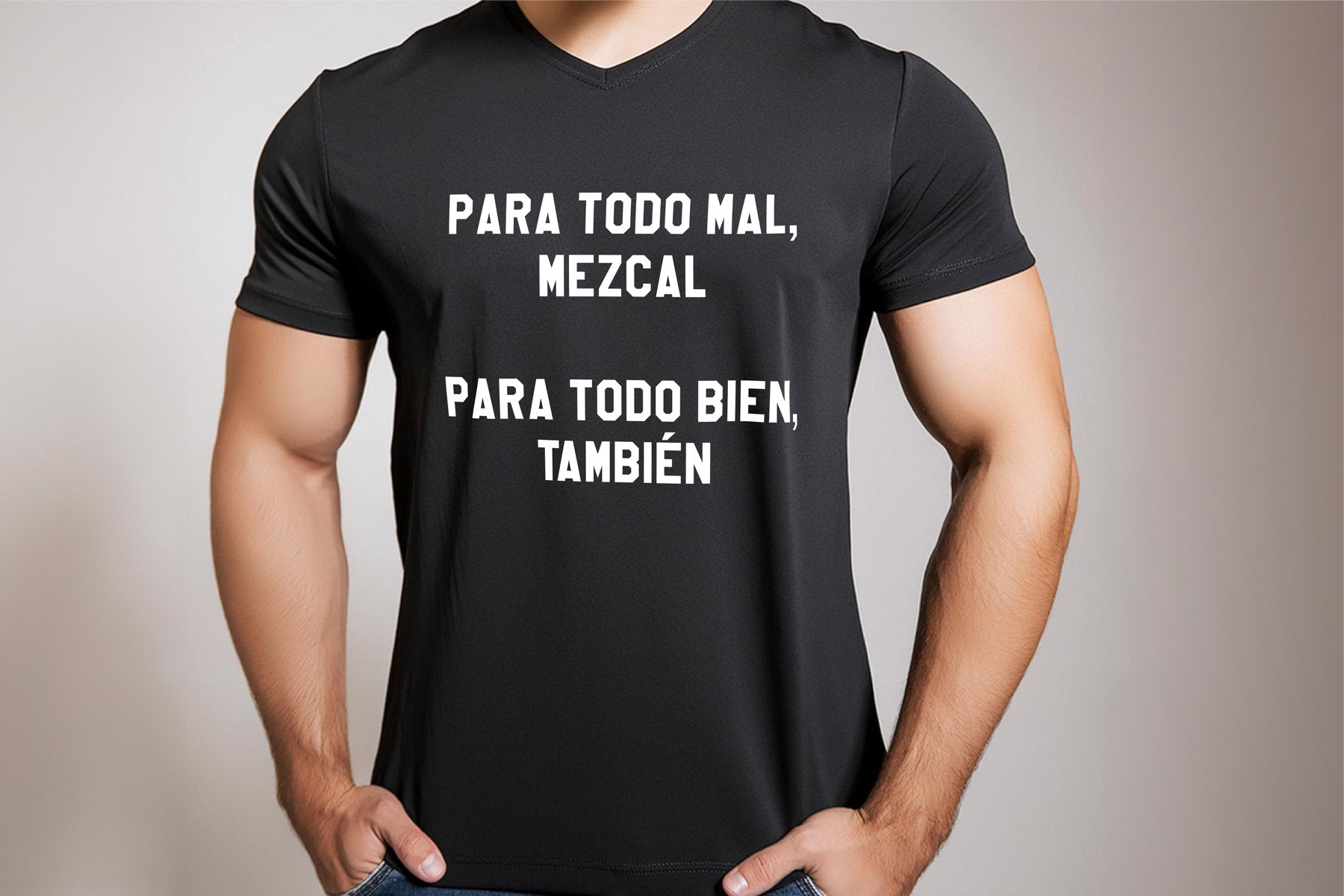 Person wearing a black t-shirt with white text on a plain background