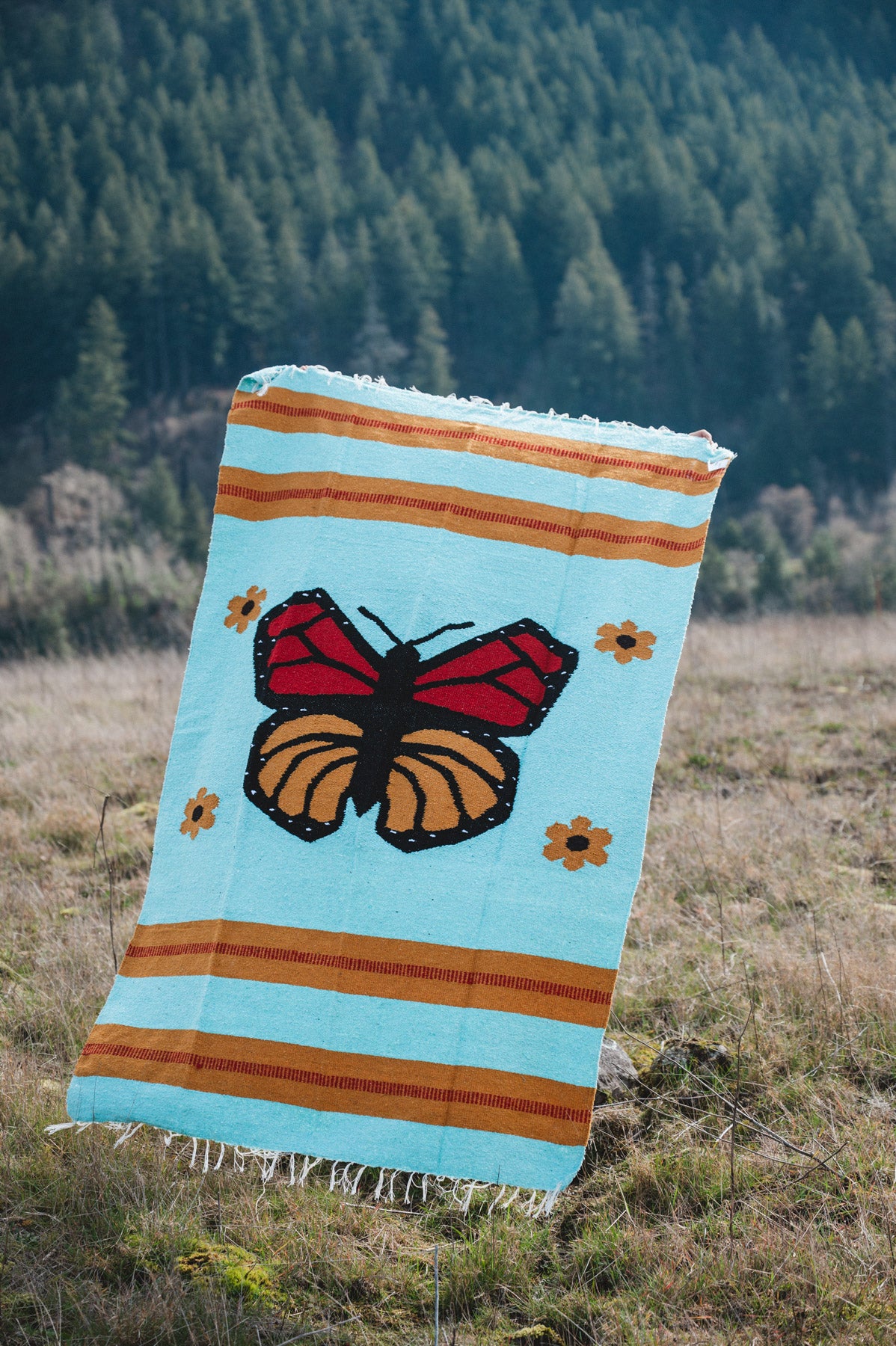 Woman holding monarch butterfly blanket in a field