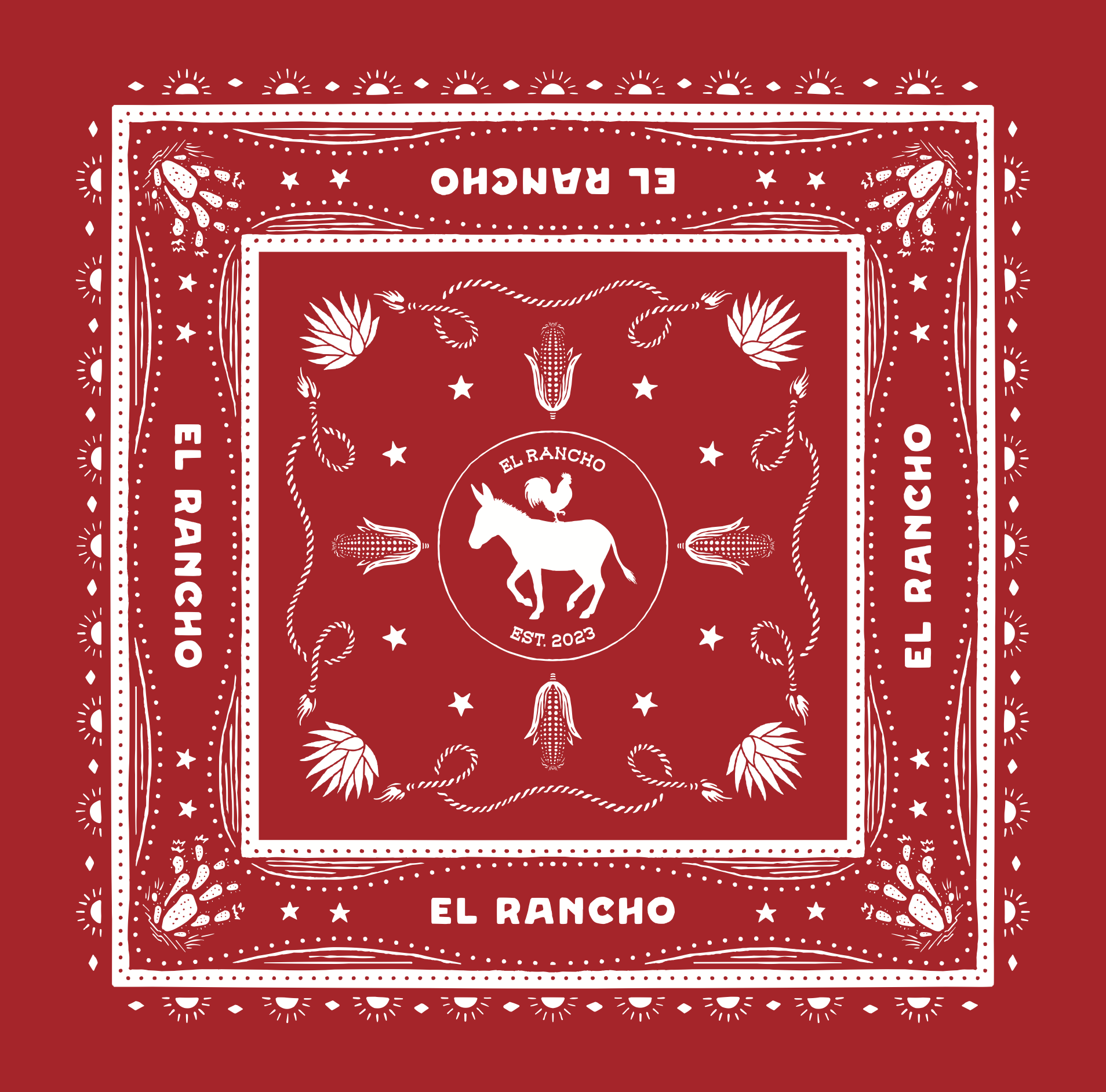 Decorative bandana with 'El Rancho' branding and a donkey logo on a red background