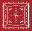Decorative bandana with 'El Rancho' branding and a donkey logo on a red background