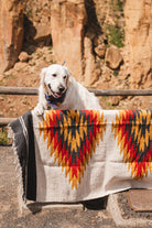 Dog standing on Handwoven southwest style blanket at smith rock state park oregon