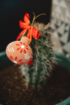 Decorative oval christmas decoration with floral pattern and red ribbon hanging on a cactus plant.
