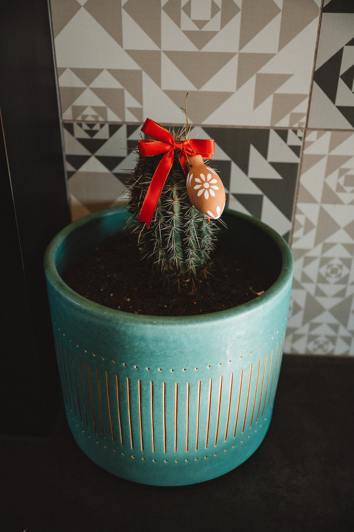Decorative oval christmas decoration with floral pattern and red ribbon hanging on a cactus plant.
