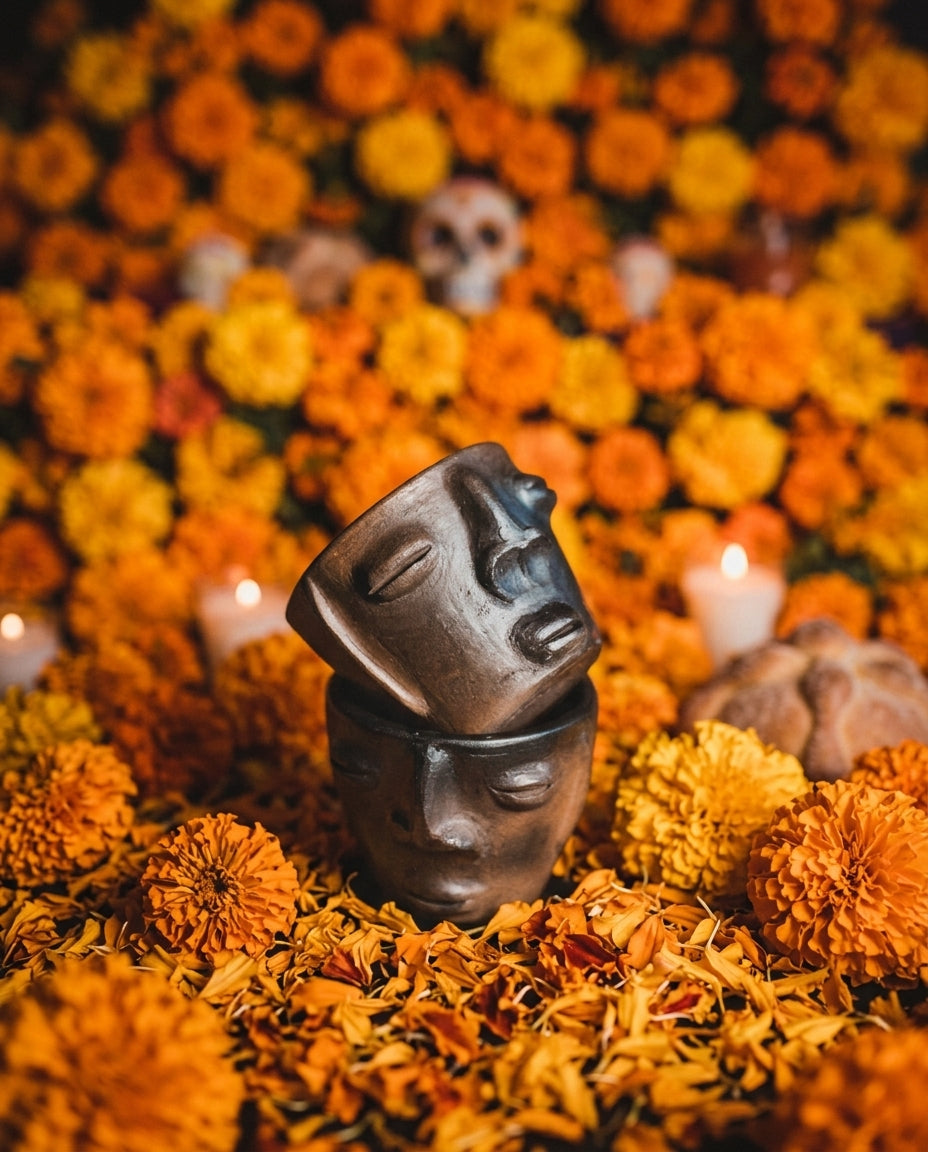 face copitas made of barro negro surrounded by marigolds