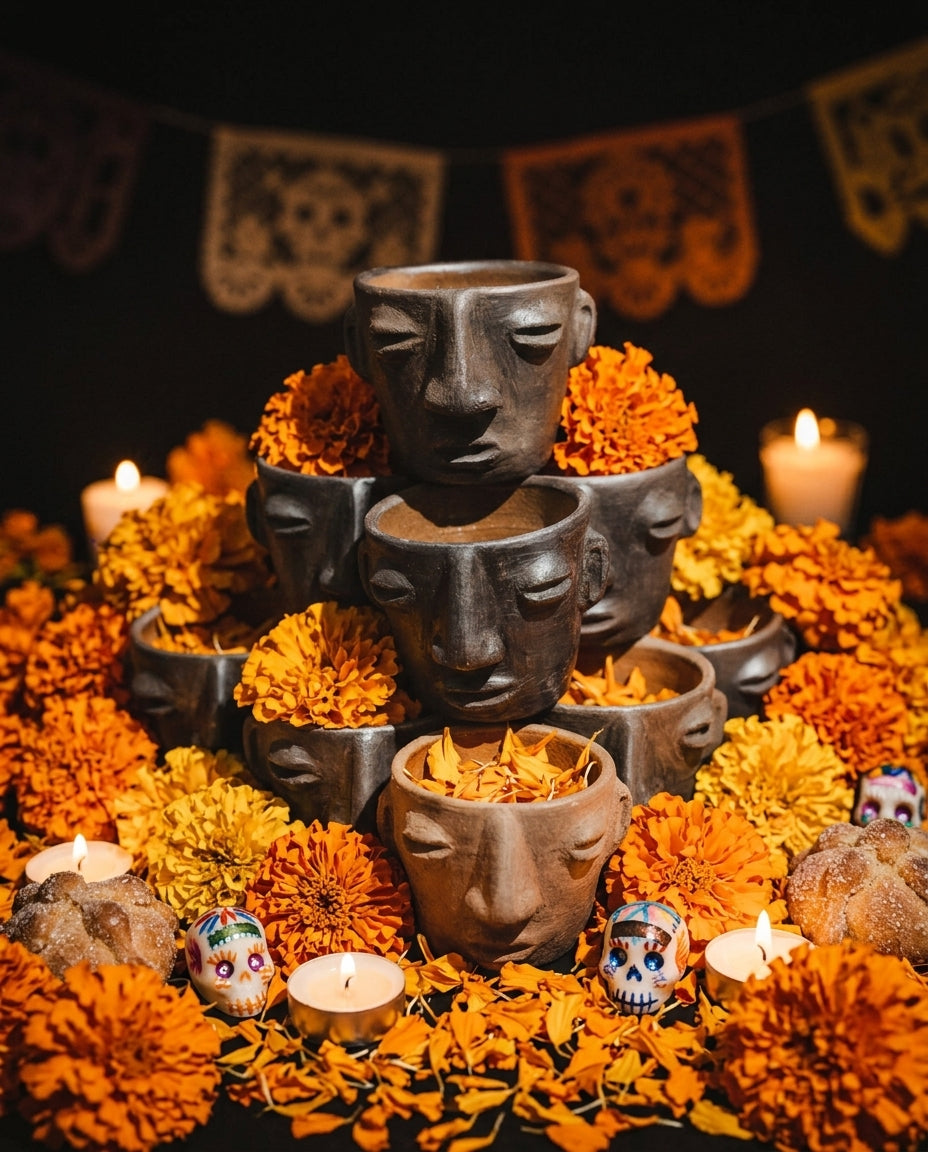 Mezcal copitas of barro negro with marigolds in dia de los muertos setting