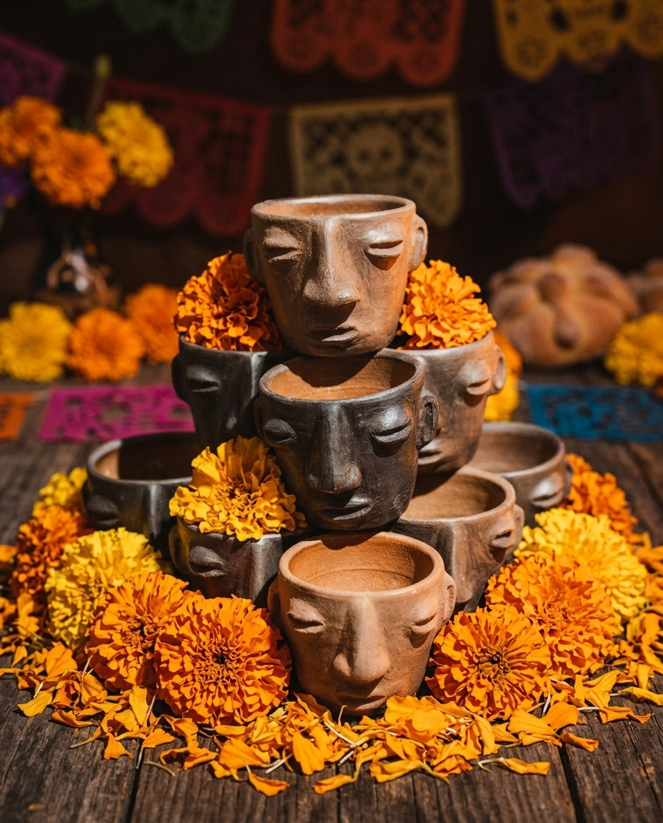 Mezcal copitas of barro negro with marigolds in dia de los muertos setting